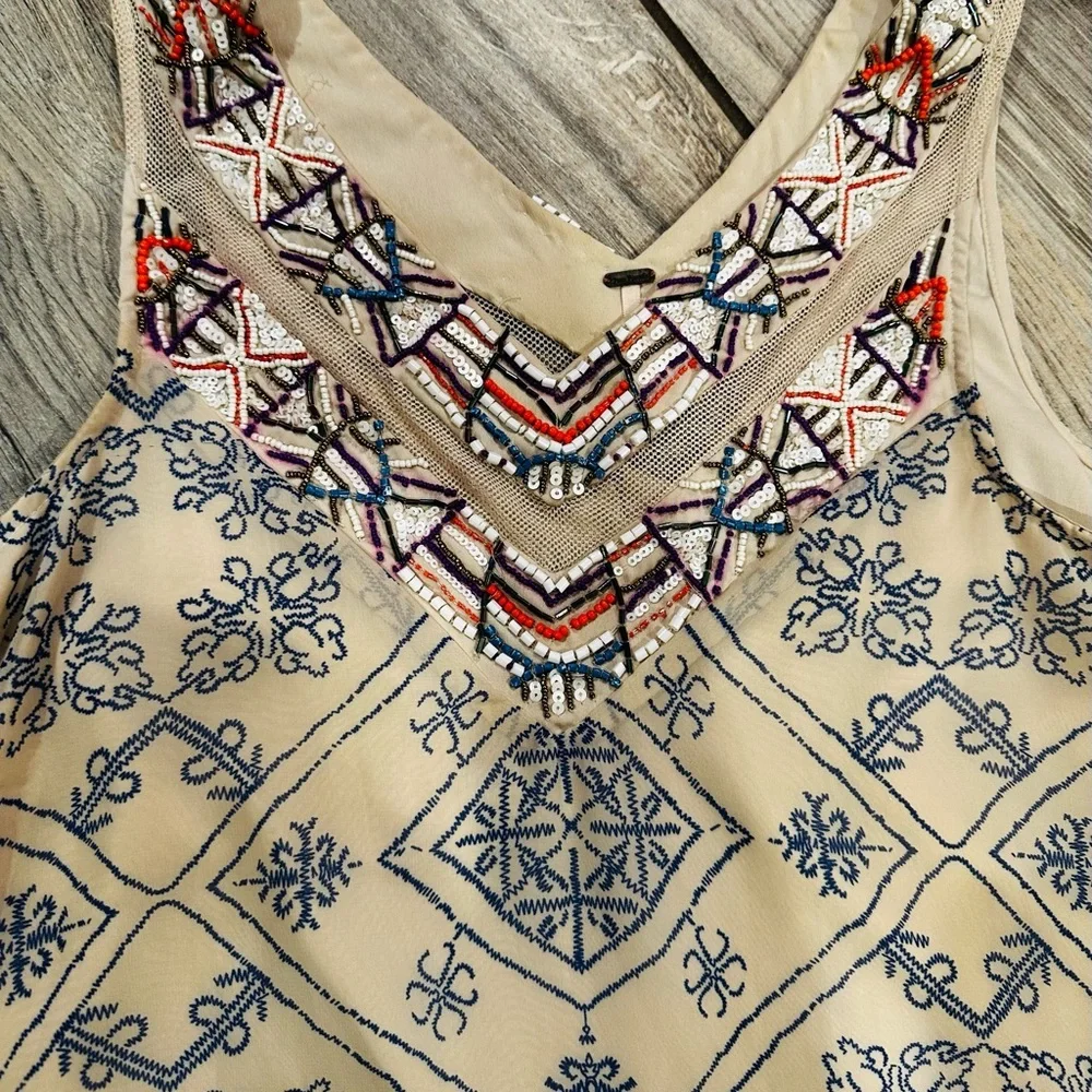 Free People Cream and Blue Asymmetrical Sundress
